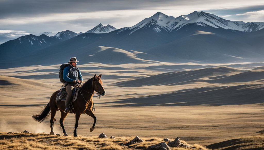 expédition dans les montagnes sur un cheval mongole